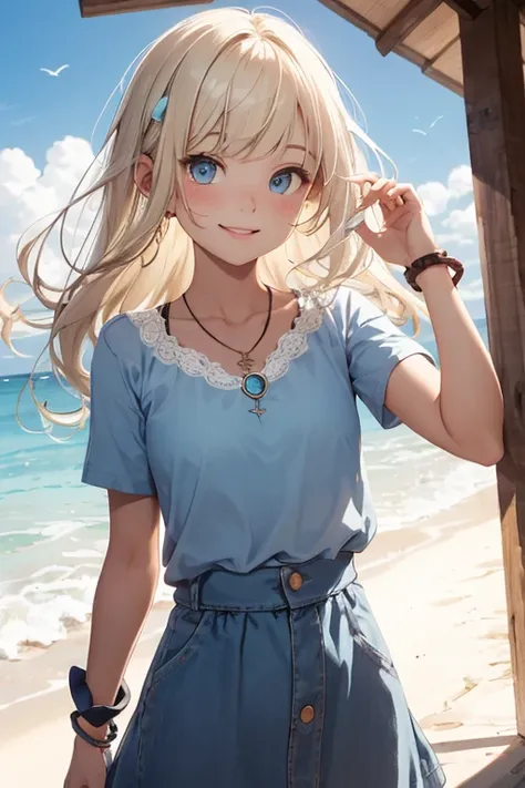 girl　outside　1　Light blue short sleeves with lace cuffs　Light blue gathered skirt　Blonde straight long hair　Sandy beach and shells　Gentle Breeze　Big Eyes　smile　pendant blue　bracelet blue　Natural Light　