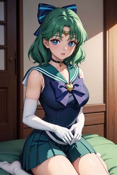 (anime:1.4), best quality, masterpiece,cowboy shot,
1girl, sailor neptune, mature woman, aged up,medium breasts, aqua eyes, dark green hair, medium hair, (sailor senshi uniform:1.2), back bow, white elbow gloves, plead skirt, looking at viewer,blush, smile...