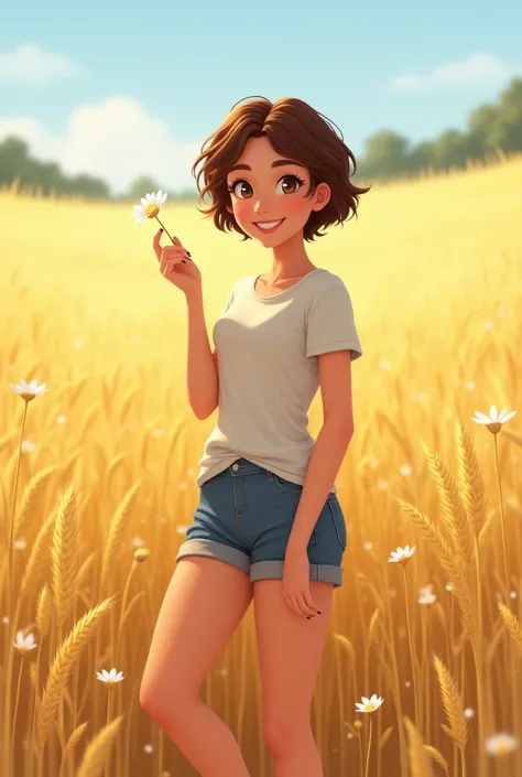 Adult girl  with short hair with flower in  one hand happy face  dress shorts and t shirt  full pose  skin tone  wheatiesh background mustered field