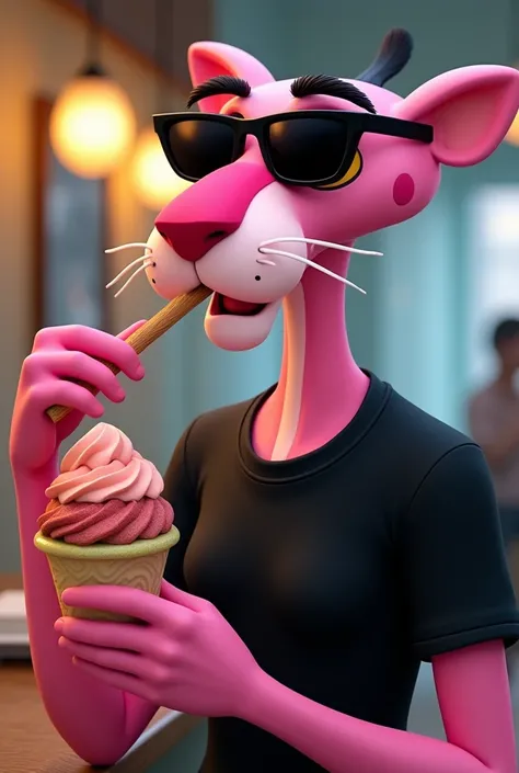 The world famous cartoon character Pink Panther, wearing black sunglasses and a black t-shirt, is eating a rolled ice cream in a bowl in his hand. He looks quite happy.