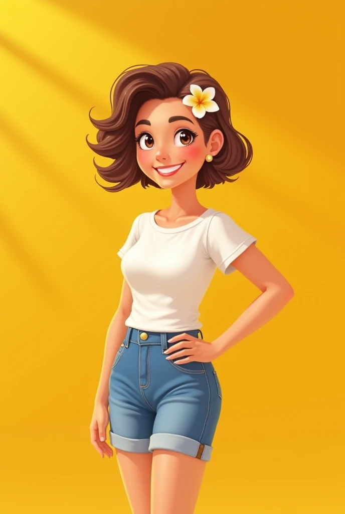 Adult girl   healthy and with short hair with flower in  one hand happy face  dress shorts and t shirt  full pose  skin tone  wheatiesh background mustered field