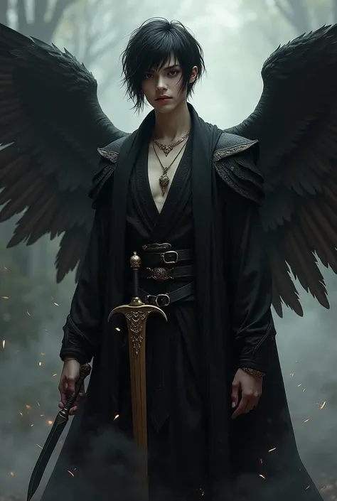 mythical god with short, deep black hair, black eyes, normal ears, distant facial expression, light skin, tall stature, black warrior attire, owl wings on back, necklace with scale symbol, owl tattoo on left side, a light black mist, a golden sword hanging...