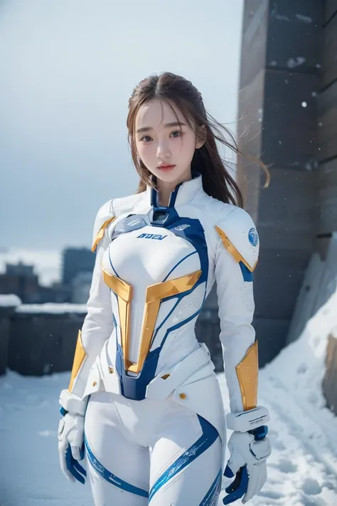 1 girl, lovely, ice and snow world, alone, skinny, wind, mecha suit, whole body, pretty face, decorated with intricate patterns ...