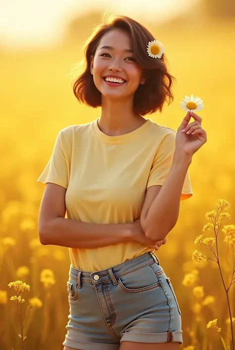 Adult girl   with short hair with flower in  one hand happy face  dress shorts and t shirt  full pose  skin tone  wheatiesh background mustered field healthy body 