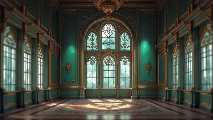 Leave this image with the walls made of emerald green and the windows with gold details