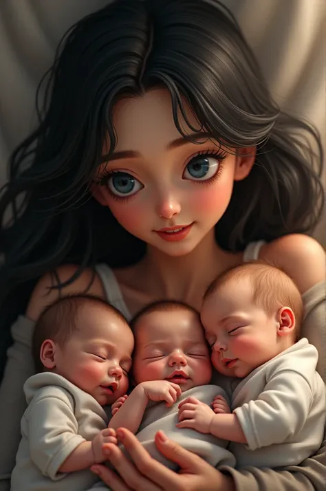 A girl with blue eyes and black hair with tears in her eyes and a smile as she looks at her three babies 