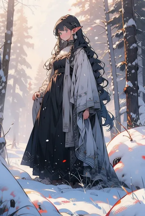 a girl, an elf, an ancient dark blue long dress with long sleeves, emerald very long hair, a French braid, flowers in her hair, pointed ears, earrings, a snow-white unicorn stands next to her, a rainbow, autumn trees, unicorn, Porcelain-like skin, cool ton...