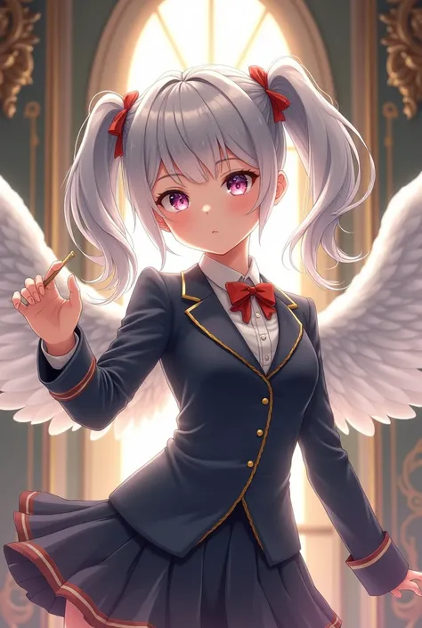 Silver white double ponytail girl，Wear aristocratic school uniform，Angel Wings，Take the magic wand