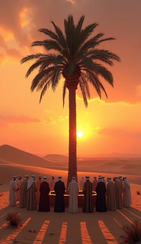 Arab Senate under a palm tree in the desert at sunset