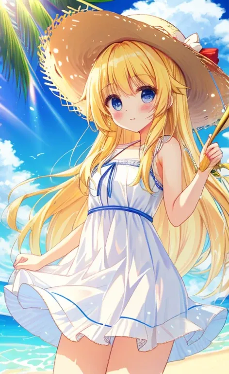 Beautiful long blonde　Cowboy Shot　White Summer Dress　Straw hat　Water&#39;s Edge