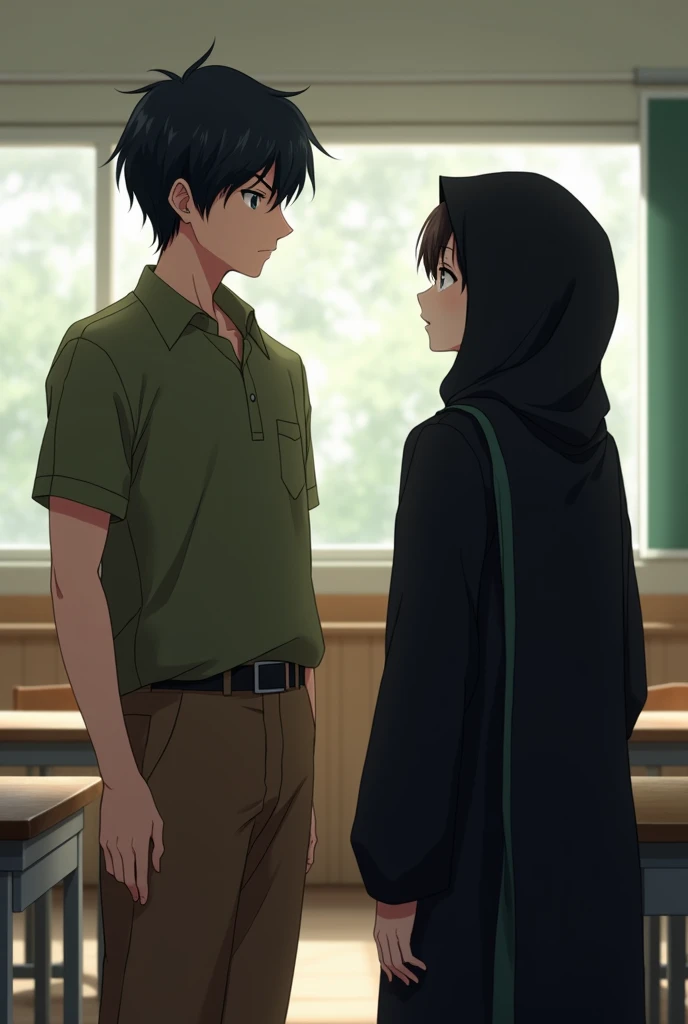 /imagen a anime boy looking a anime girl in class room with distanj and a anime girl looking the boy girl outfit is black colour bhurka and boy outfit is olive green colour takin shirt and brown pant hyper realistic colour and realistic texture