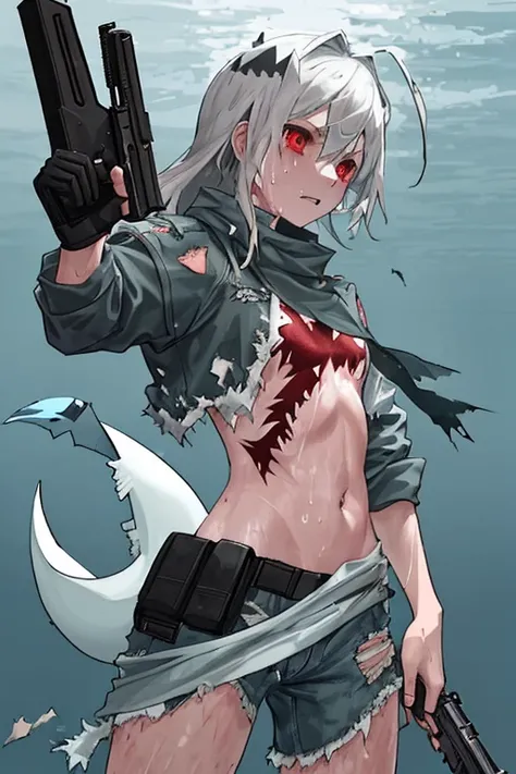 shark,girl,covered in sweat and translucent, soldier,hold a pistol in your right hand,hold a pistol in your left hand,
tattered clothes,clothes are torn,