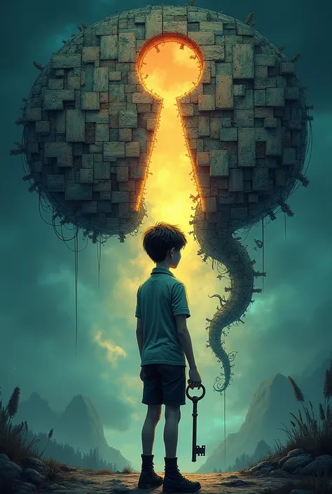 Give me an image of a mind of a teenage boy. His mind looks like a puzzle and it has a key hole. The boy holds a key to unlock his mind. He is bit confused to whether open it or not. There is no two separate person.