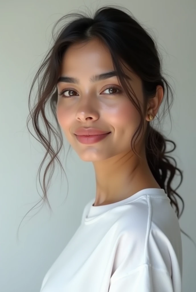 Indian model ai influencer with white skin tone and ti shirt 