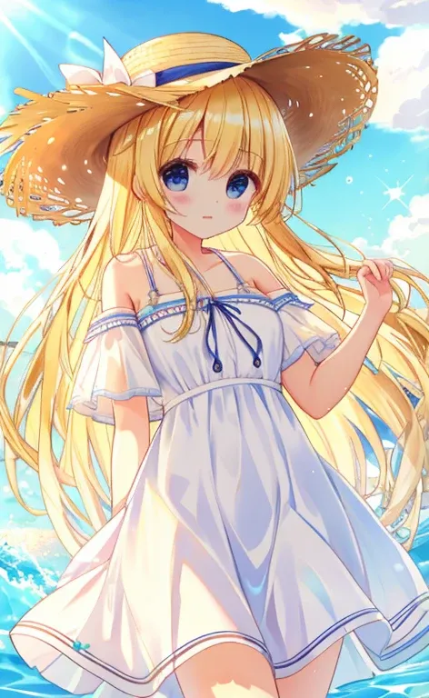 Beautiful long blonde　Cowboy Shot　White Summer Dress　Straw hat　Water&#39;s Edge