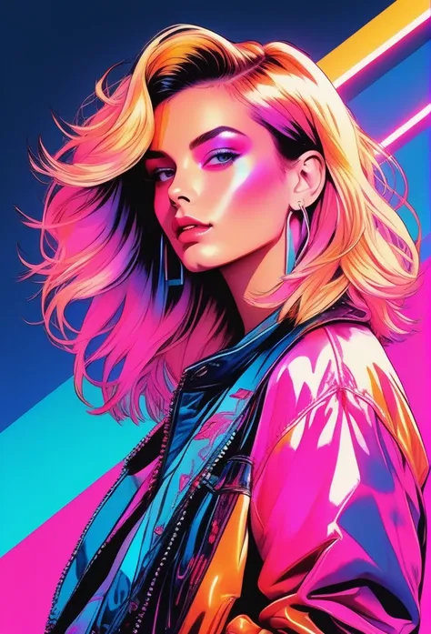 ((illustrator)), flat color, stylish, sketch,poster 80s, 1girl, rockstar, shiny lip, jersey wear, order, very modern stylish asymmetry hair ((gradient)) background, neon hair, textured crop, (masterpiece, best quality), portrait, ((dynamic angle)),close up...