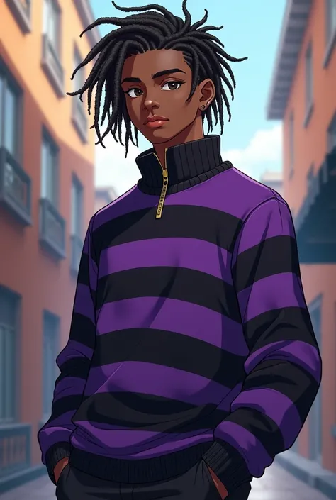 (anime) He is a 175cm tall black man with dreadlocks with bleached ends and very dark brown eyes, almost black., with an average physique He is wearing a purple and black striped sweater At 20 years old 