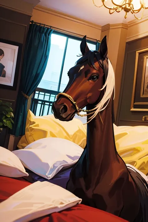 Thoroughbreds staying at luxury hotels　A thoroughbred drunk and intoxicated　Horses staying at luxury hotels　Horses having a sleepover　　Horse face　Thoroughbred face　There is no one here　Horse-focused　Only horses