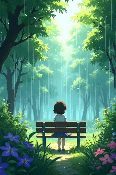 Animae girl sitting on a bench and beautiful scenery raining and sunshine