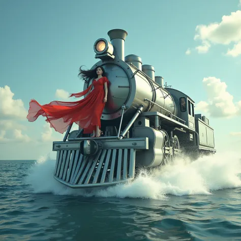 a long beautiful retro optical locomotive is traveling on the sea without rails, traveling at high speed, the wind is felt, the waves are small, a girl in red is leaning out and the train windows are forward, her scarf is fluttering strongly in the wind, a...