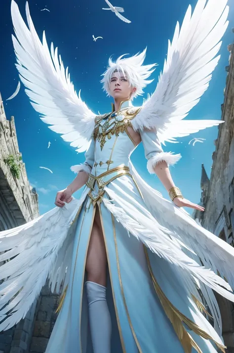 A male fairy with white hair and a tall stature and large wings like bird feathers in a battle dress