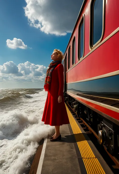 a long beautiful retro optical locomotive is traveling on the sea without rails, traveling at high speed, the wind is felt, the waves are small, a girl in red is leaning out and the train windows are forward, her scarf is fluttering strongly in the wind, a...