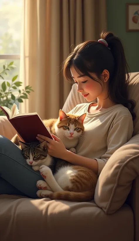 Two cats snuggle gently next to their owner,The scene where the owner is reading a book on the sofa, One at the owner&#39;s side,The other one is at the master&#39;s feet. a cat, Calm and serene expression, Leaning on the master&#39;s arm, 而另a cat咪則蜷縮在主人腳邊...