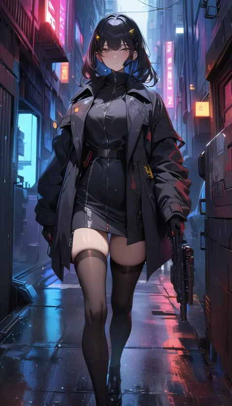 Cyberpunk, Assassin in black trench coat, Walking down a dark alley, Rainy Day, canon, close up, Black stockings, cowboy shot, Ultra high definition, masterpiece, Textured skin, High resolution, 16k, 1080P，[Detailed face]