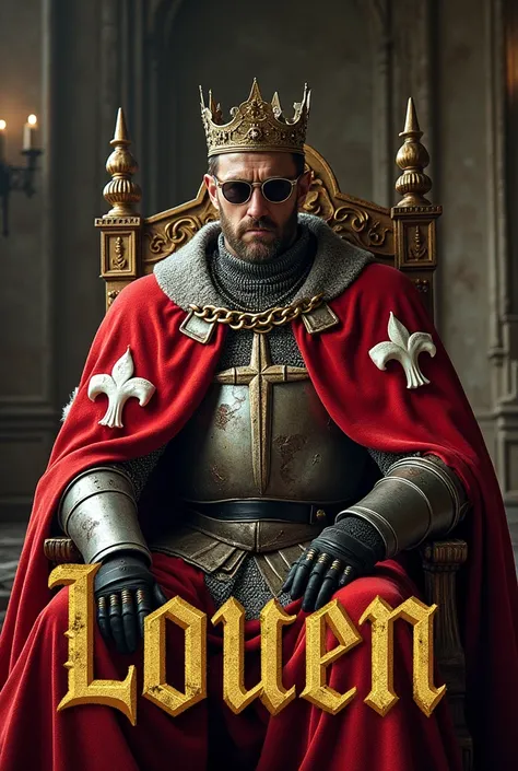 A poster depicting a king, with red coat of arms white lily flowers, damaged by fighting. medieval battered chain mail, crown, gloves, sunglasses, very battle-damaged. Hes on a throne in a medieval castle, with the words "Louen" written in large golden let...