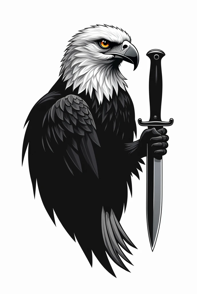 A profile logo of an eagle holding a knife in its beak in black and white 