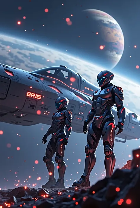 Create a futuristic scene featuring a sleek, high-tech spaceship with metallic and neon accents. In the foreground, include two characters in futuristic warrior suits. The suits should have ergonomic designs with integrated technology such as holographic d...