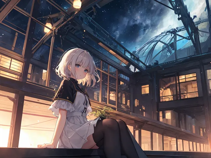 Best Quality, masterpiece, Very detailed, Detailed Background, anime, One girl, Young girl, Short girl, Science fiction, SF, Outdoor, night, Starry Sky, greenhouse, huge structure, Biodome, wind景, scenery, horizon, rooftop, sitting on rooftop, wind, Look a...