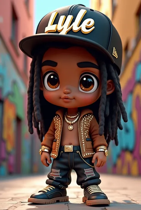 Create a 3D rendered chibi character of a beautiful male showcasing a hiphop street style outfit with black bling bling cap and gold diamond studded accesories.. he must be sporting a beautiful long dreadlocks hair..
Add a name LYLE written in graffiti art...