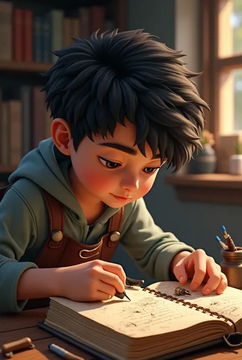 Boy repairing notebook