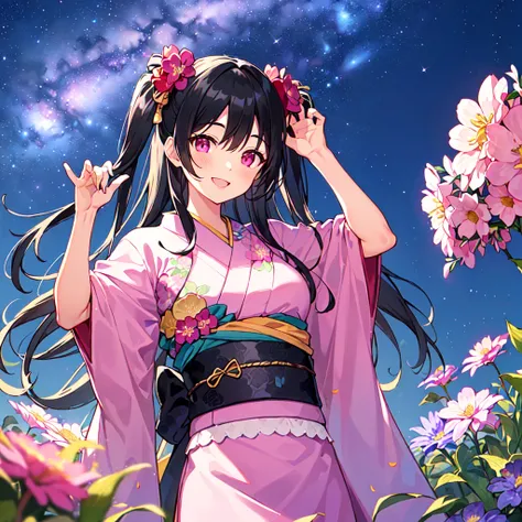 masterpiece, best quality, high quality, extremely detailed, very delicate and beautiful, (1 female 18yrs oldadult solo:1.5), (two side up long black hair:1.5), bangs to eyebrows, eyes Eyebrows are glossy, (eye color: magenta:1.3), 6.5 head height, (Kimono...