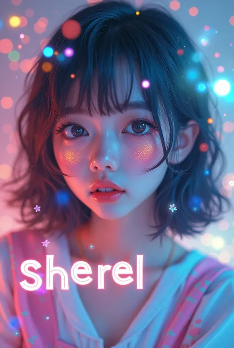 Full body Looking at kamera ,close-up,typography text says "Sheriel" Double exposure background with colorful korea map neon light floating in the air. saw a woman wearing a hyper cute anime costume,  with a cute face , eyes wearing gradient colored soft l...