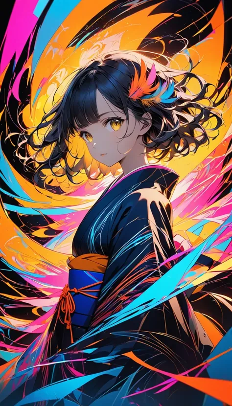 "A young Japanese girl with short, dark, wavy hair and striking golden eyes stands gracefully against a dynamic, abstract background. Her hair is adorned with vibrant, multicolored feathers that blend into the swirling energy around her. She is dressed in ...