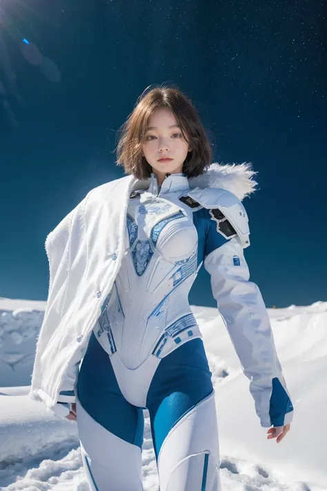 1 girl, lovely, ice and snow world, alone, skinny, wind, mecha suit, whole body, pretty face, decorated with intricate patterns ...