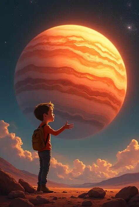 A boy standing next to planet Venus and explain something to show his back 