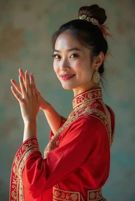 Create a realistic photos  of a girl dancera with bun hair dancers in traditional Malay attire, such as Baju Kurung or Baju Kebaya, performing popular Malay dances like Zapin, Joget, or Mak Yong.