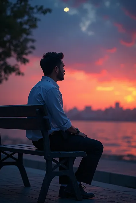 Generate me a image of a men sitting on the bench in a side way facing backwards at the sunset or night
