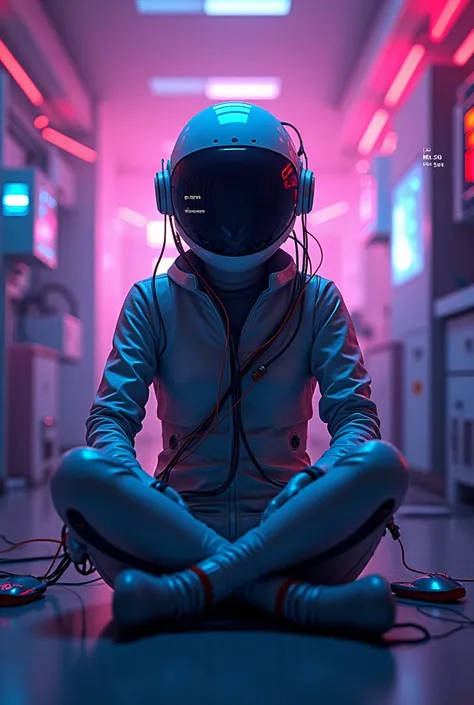 A futuristic character sitting in the center of a neon-lit room, facing forward. They wear a sleek, high-tech helmet fused with dark-tinted visor glasses, covering the upper half of their face. The helmet has wires and glowing cables snaking out from it, c...