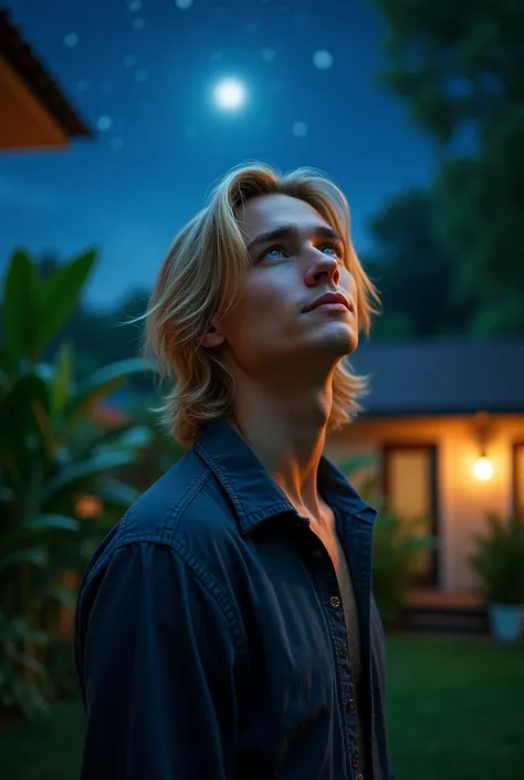 A handsome young man, with blonde and long hair, blue eyes, looking up to the night sky backguard