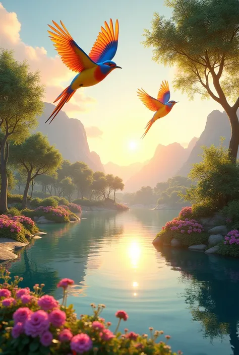 Create a 3D scene of a group of birds soaring gracefully in a vibrant natural landscape. The birds should have vivid plumage—bright blue, yellow, and red feathers—flying above a serene lake reflecting the colors of the sky. Surround the scene with lush gre...