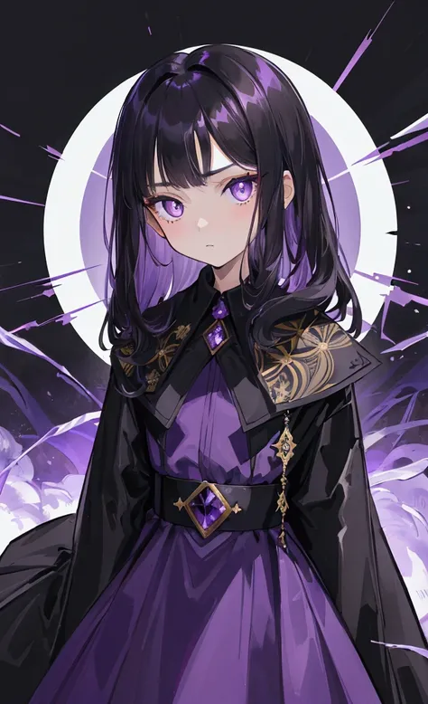 masterpiece, best quality, highres, absurdres, 1girl, combed hair, black hair, medium hair, pointed bangs, young, child, expressionless, amethyst eyes, fair skin, cool eyes, sharp eyes, purple dress, black coat, soft coat, thin coat, loose coat,