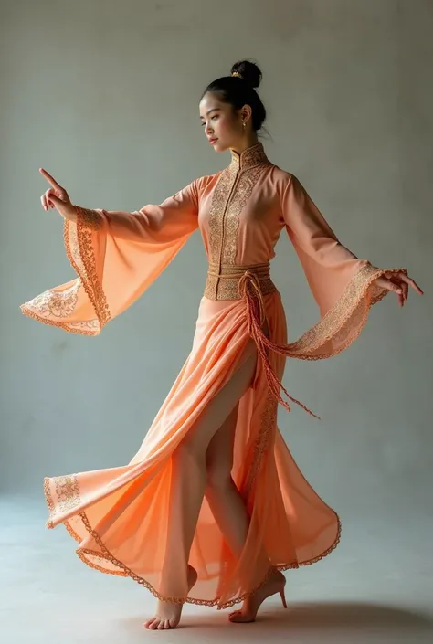 Create a realistic photos  of a girl dancer with bun hair dancers in traditional Malay attire, such as Baju Kurung or Baju Kebaya, performing popular Malay dances like Zapin, Joget, or Mak Yong. Do dance post. 