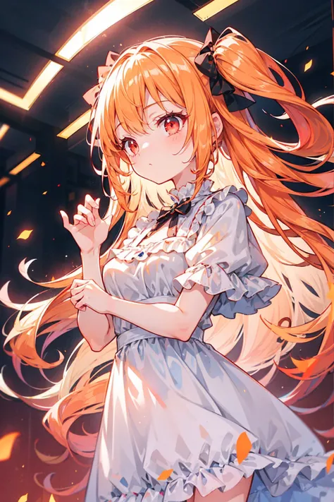 1girl, orange hair, red eyes, dress, (solo:1.3),>