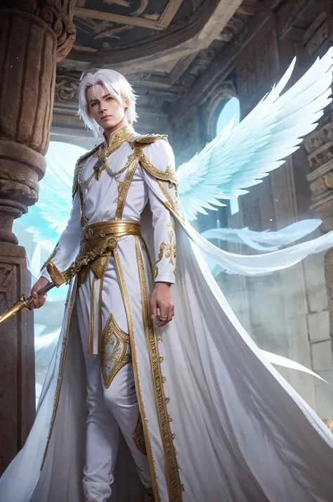 A male fairy with white hair, tall and with large wings like a birds feather, battle dress like ancient people