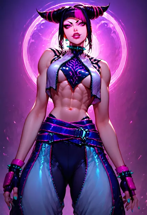 score_9, score_8_up, score_7_up, score_6_up, score_5_up, [ Juri Han],[black hair, bangs, hair horns, multicolored hair,streaked hair, makeup, lipstick,],Juri Han from Street Fighter 6,[fingerless gloves,multiple belts, collar, spiked bracelet, aqua nails, ...