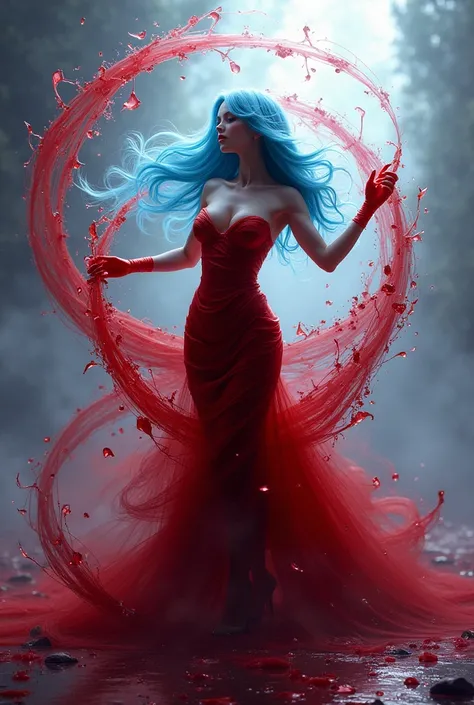 Seductive woman with long hair of soft blue color.. her costume is woven from drops of red wine. She creates a tornado of wine drops with a movement of her hand. all the action takes place in an empty, broken glass of wine.